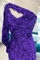 Purple Homecoming Dress Cut Out Open Back One Shoulder Sequin Prom Dress