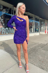 Purple Homecoming Dress Cut Out Open Back One Shoulder Sequin Prom Dress
