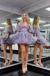 Purple Homecoming Dress Floral Off the Shoulder A-Line Short Prom Dress