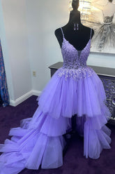 Purple Homecoming Dress High Low Tiered Prom Dress with Lace