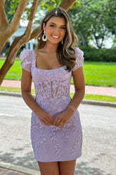 Purple Homecoming Dress Lace Corset Tight Short Prom Dress with Appliques