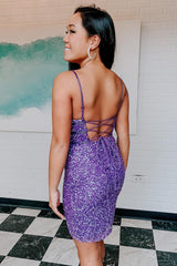 Purple Homecoming Dress Sequin Backless Tight Short Prom Dress