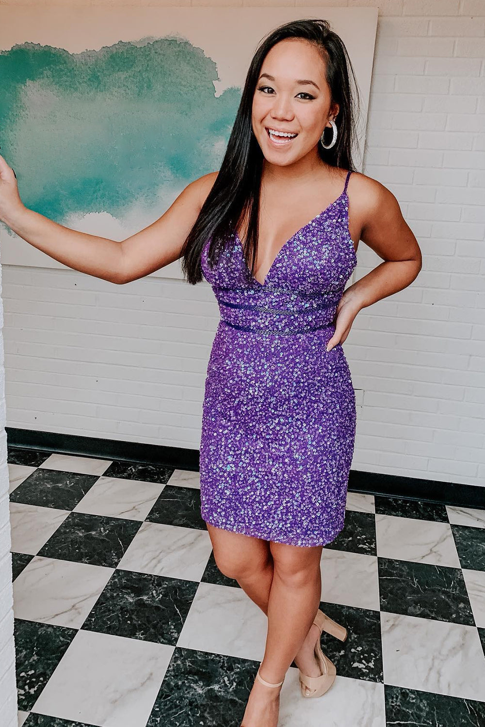 Purple Homecoming Dress Sequin Backless Tight Short Prom Dress