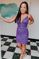 Purple Homecoming Dress Sequin Backless Tight Short Prom Dress