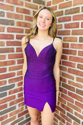 Purple Homecoming Dress Sequin Beaded Tight Short Cocktail Dresses with Slit