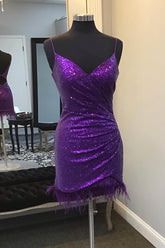 Purple Homecoming Dress Sequin Open Back Tight Short Prom Dress with Feathers