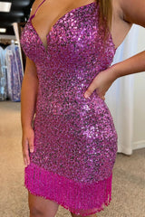 Purple Homecoming Dress Sequin Tight Prom Dress with Fringes