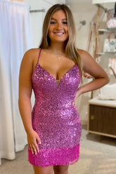 Purple Homecoming Dress Sequin Tight Prom Dress with Fringes