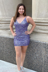Purple Homecoming Dress Sequin V-Neck Tight Short Prom Dress