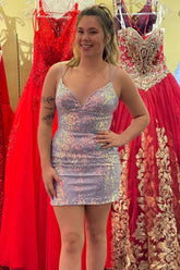 Purple Homecoming Dress Sequined Lace-Up Back Tight Short Prom Dress