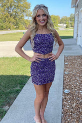 Purple Homecoming Dress Spaghetti Straps Tight 2 Pieces Short Prom Dress