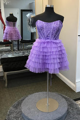 Purple Homecoming Dress Strapless Corset A Line Short Prom Dress with Ruffles