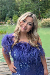Purple Homecoming Dress Tight Sequin Prom Dress with Feathers