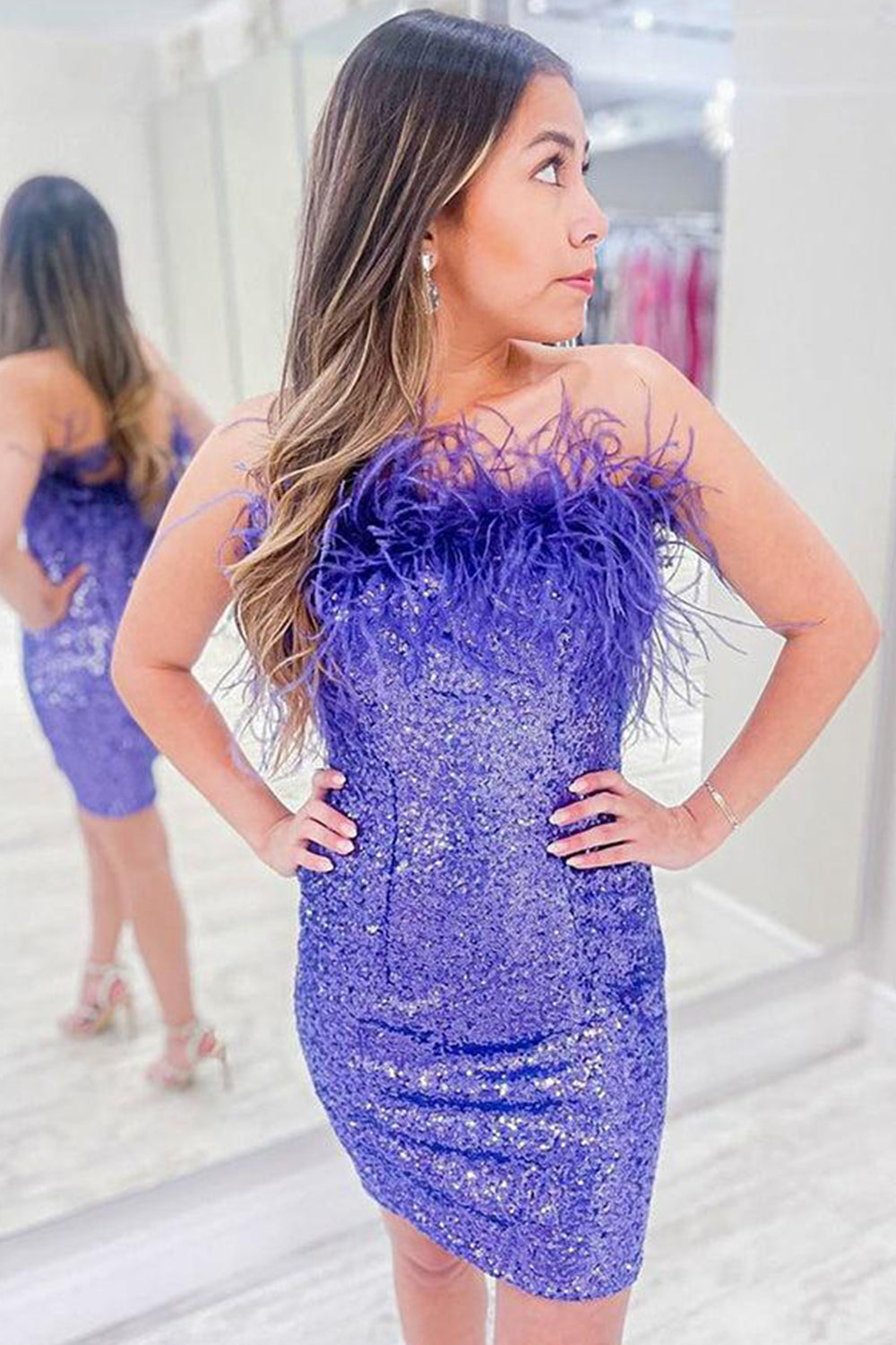 Purple Homecoming Dress Tight Sequin Prom Dress with Feathers