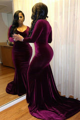 Purple Long Sleeves Mermaid Velvet Evening Dress