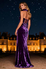 Purple Mermaid Halter Lace-Up Back Long Velvet Holiday Party Dress