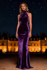 Purple Mermaid Halter Lace-Up Back Long Velvet Holiday Party Dress