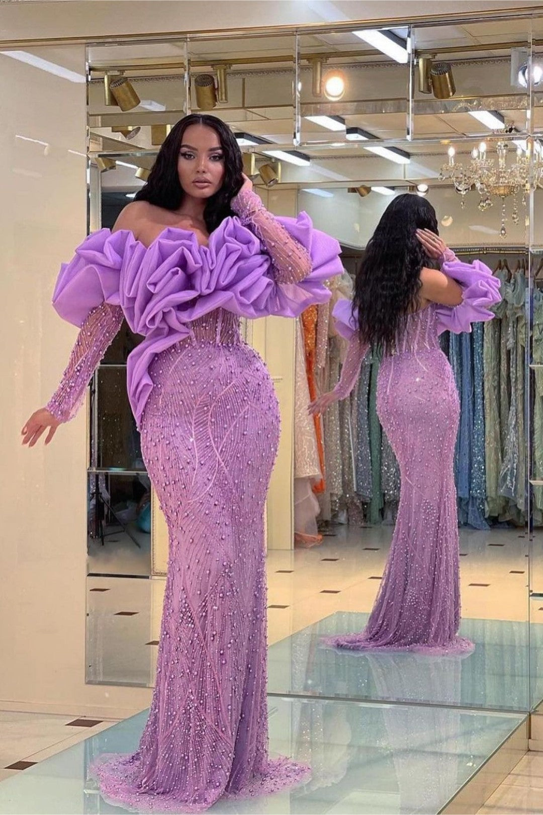 Purple Mermaid Prom Dress Long Sleeve Off the Shoulder Beaded Formal Dress