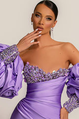 Purple Mermaid Prom Dress Puff Long Sleeve Sweetheart Beaded Formal Dress