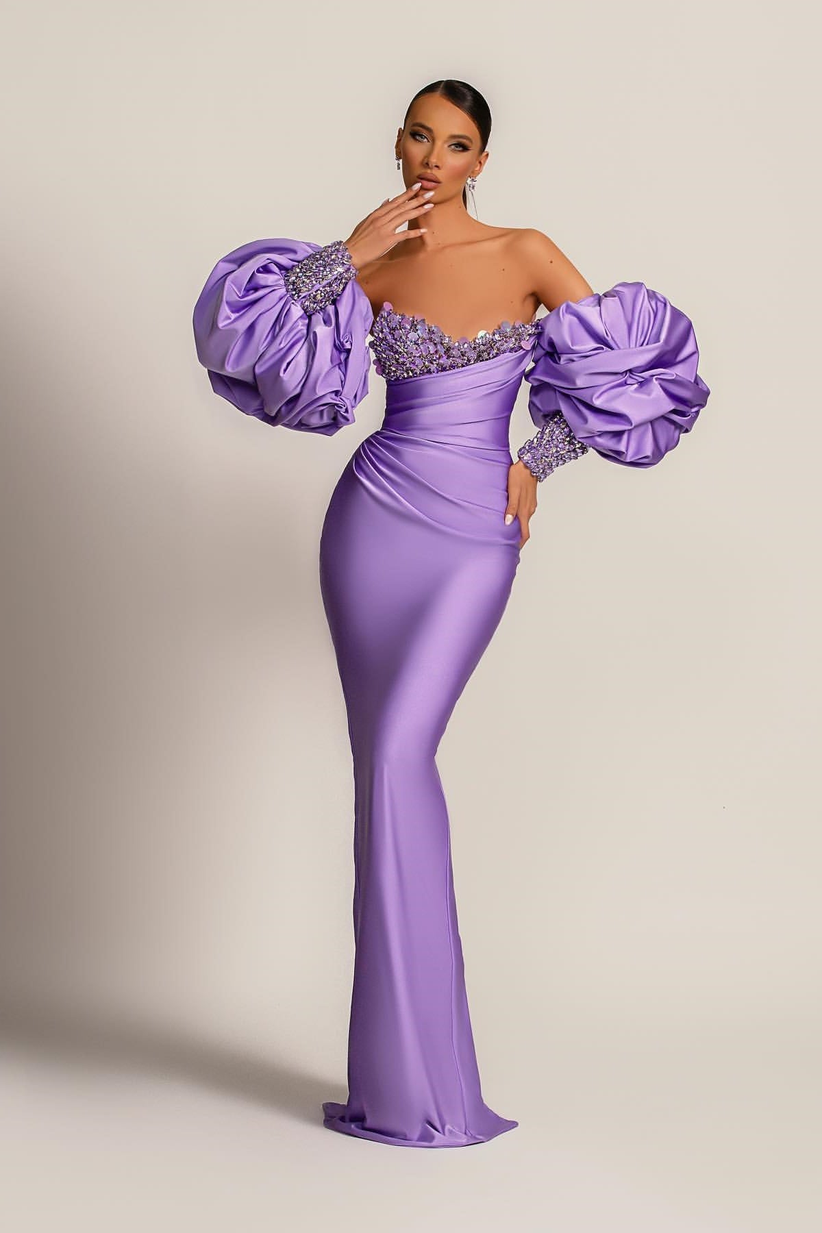 Purple Mermaid Prom Dress Puff Long Sleeve Sweetheart Beaded Formal Dress