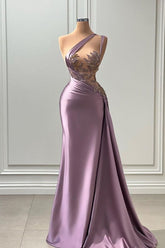 Purple Mermaid Prom Dress Sleeveless One Shoulder Beaded Formal Dress