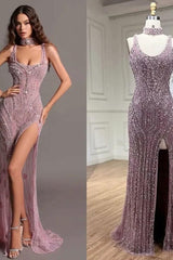 Purple Mermaid Prom Dress Sleeveless Scoop Neck Beaded Formal Dress