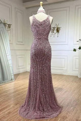 Purple Mermaid Prom Dress Sleeveless Scoop Neck Beaded Formal Dress