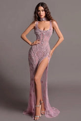 Purple Mermaid Prom Dress Sleeveless Scoop Neck Beaded Formal Dress