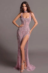 Purple Mermaid Prom Dress Sleeveless Scoop Neck Beaded Formal Dress