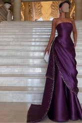 Purple Mermaid Prom Dress Sleeveless Strapless Beaded Formal Dress