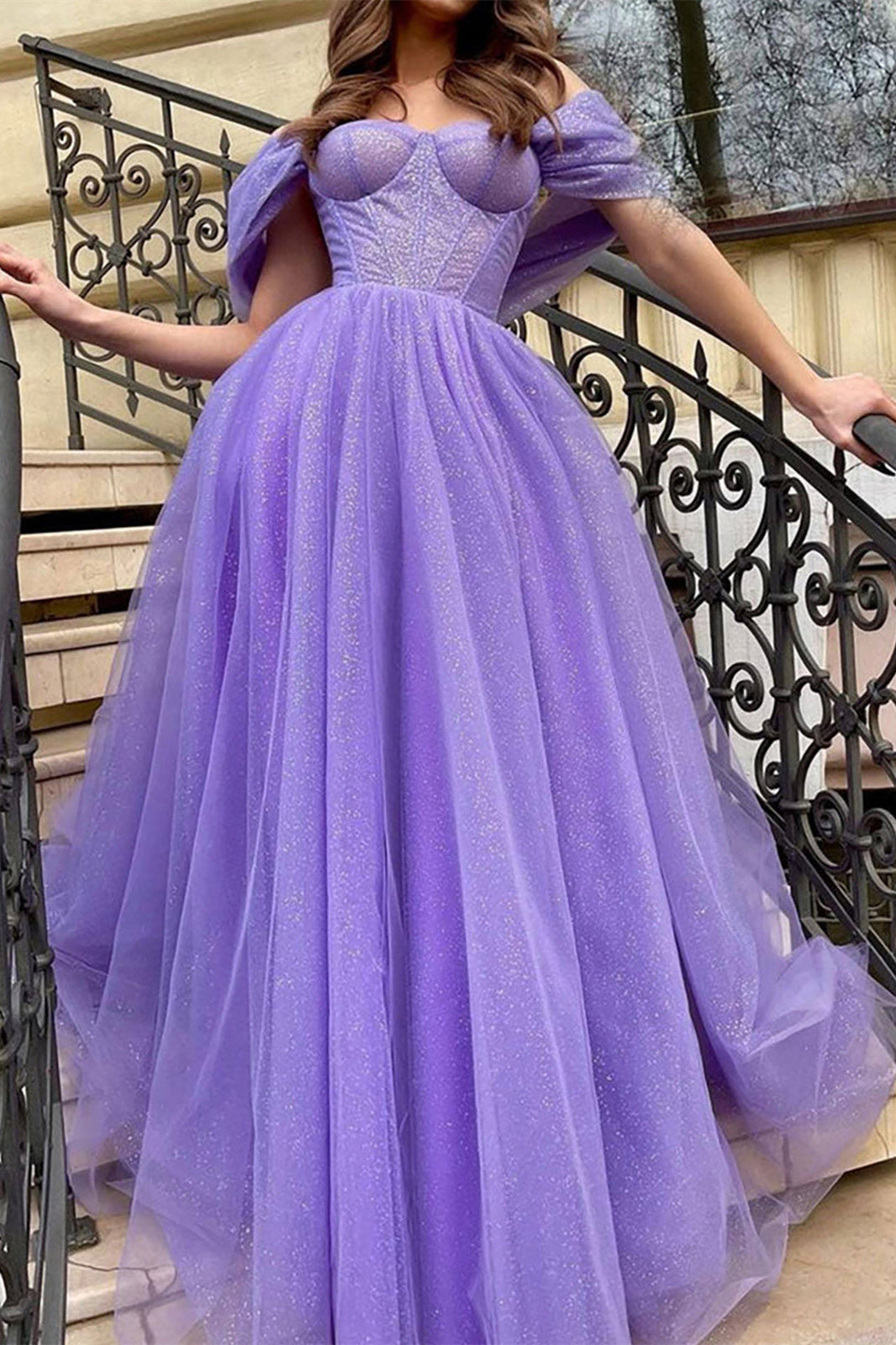Purple Off the Shoulder Prom Dress A Line Corset Evening Dress