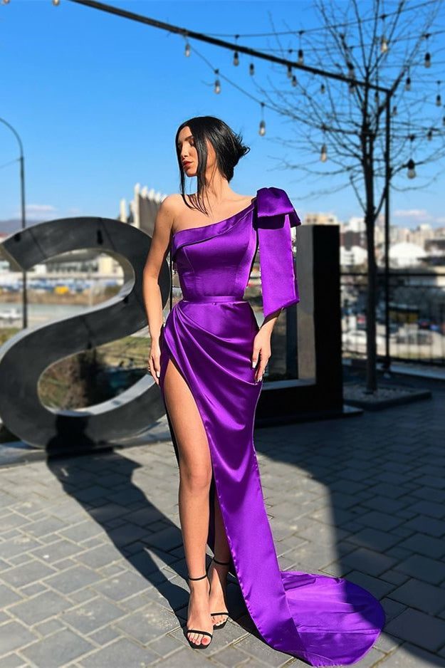 Purple One Shoulder Mermaid Evening Dress Long with Split