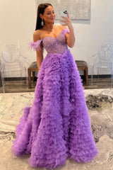 Purple Prom Dress Beaded Long Evening Dress with Ruffles