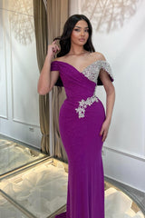 Purple Prom Dress Column V Neck Off The Shoulder Beaded Sleeveless Tulle Formal Dress With Rhinestone