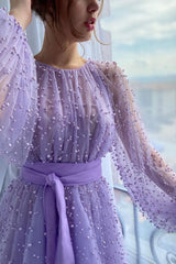Purple A Line Prom Dress Long Sleeve Beaded Formal Dress