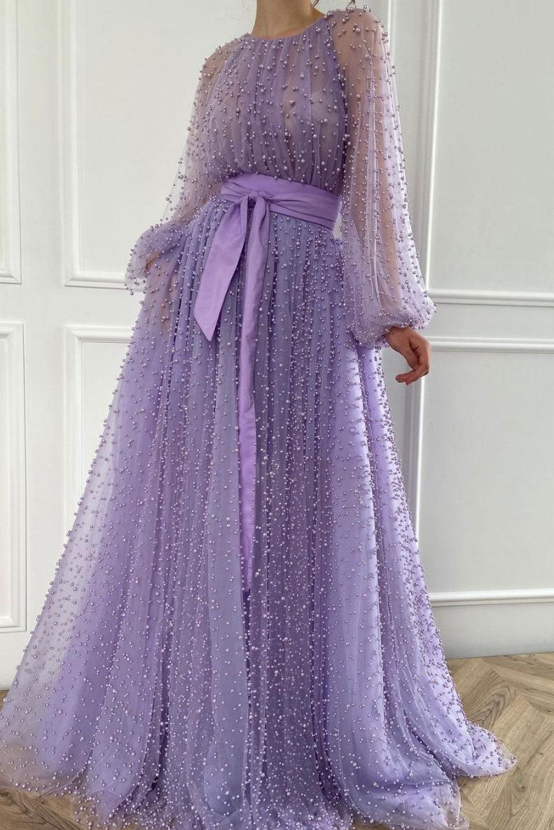 Purple Prom Dress Crew Neck Tulle Beaded Long Evening Dress