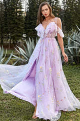 Purple Prom Dress Embroidery Long Evening Dress with Ruffles