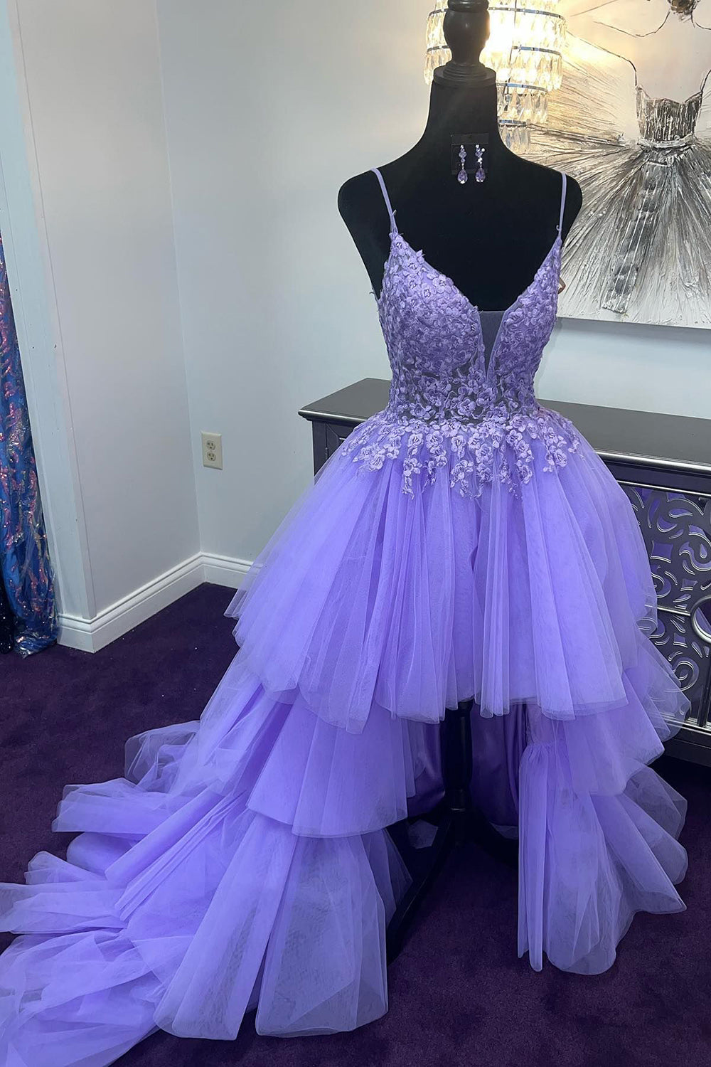 Purple Prom Dress High Low Tiered Homecoming Dress with Lace