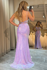 Purple Prom Dress Mermaid Backless Long Corset Evening Dress With Slit