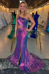 Purple Prom Dress Mermaid Cut Out Long Sequin Formal Dress With Slit