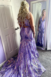 Purple Prom Dress Mermaid Deep V-Neck Long Formal Dress