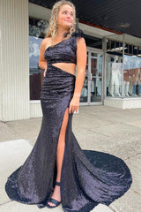 Purple Prom Dress Mermaid One Shoulder Long Evening Dress with Feathers