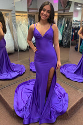 Purple Prom Dress Mermaid Spaghetti Straps Long Evening Dress With Slit