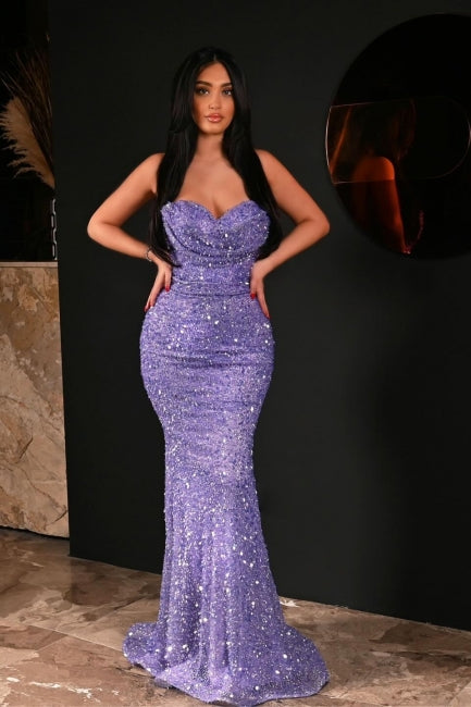 Purple Prom Dress Mermaid Sweetheart Sequined Sleeveless Floor Length Formal Dress