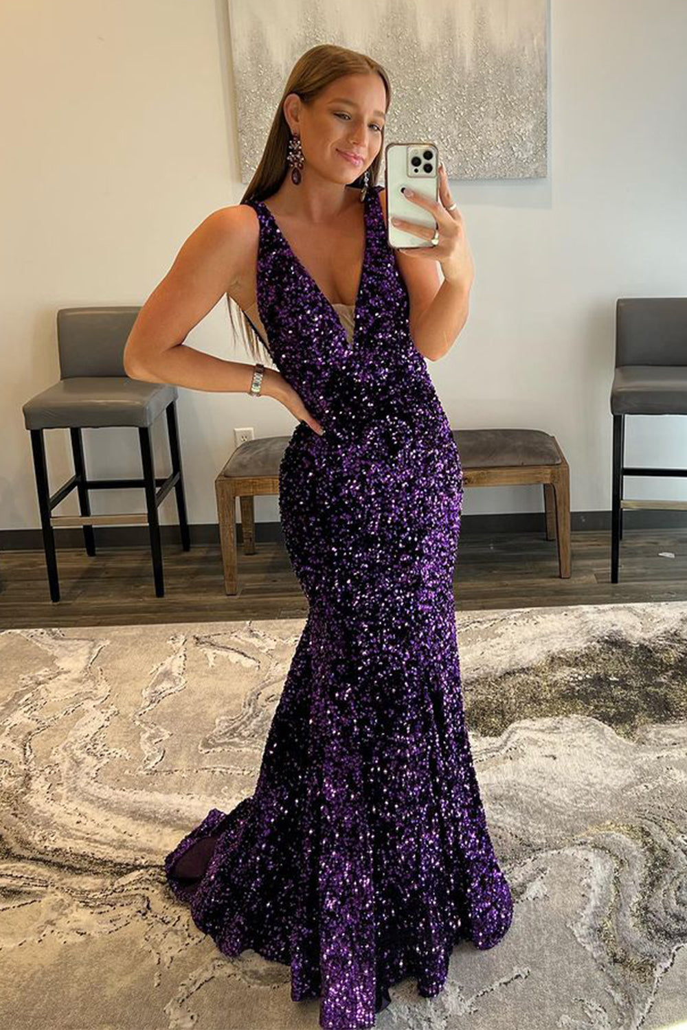 Purple Prom Dress Sequined Evening Dress