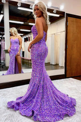 Purple Prom Dress Sequined Mermaid Long Evening Dress with Slit