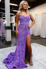 Purple Prom Dress Sequined Mermaid Long Evening Dress with Slit
