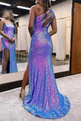 Purple Prom Dress Sequined One Shoulder Long Evening Dress with Fringes