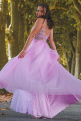 Purple Prom Dress Spaghetti Straps Beaded Long Evening Dress with Slit