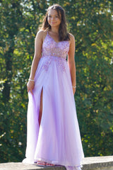 Purple Prom Dress Spaghetti Straps Beaded Long Evening Dress with Slit